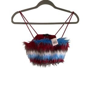 Julia by Love J Y2K Festival Faux Fur Shaggy Crop Top Red Blue White Small NWT